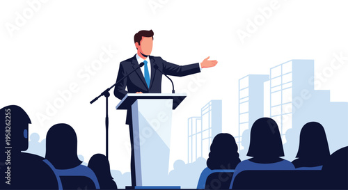 A male speaker in a suit delivers a presentation from a podium to a silhouetted audience with a cityscape background.