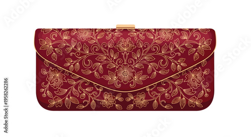 A rectangular maroon clutch bag with a gold closure and an elaborate gold floral pattern is displayed on a clean white background.