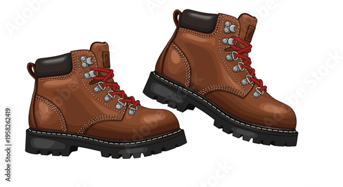 Two brown leather work boots with thick black soles and vibrant red laces are positioned at an angle on a white background.