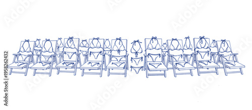 Hand drawn beach chair and bikini vector arc. Summer vacation line art illustration. Isolated sketch design element