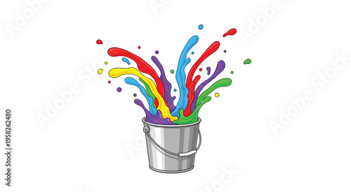 A silver metal paint bucket with a handle has a dramatic, multi-directional splash of various rainbow colors bursting outwards.