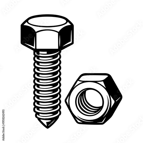 Bolt and Nut Hardware Fastener Black and White Illustration for Mechanical Engineering, Construction Tools and Industrial Design