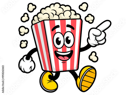 Happy popcorn bucket mascot walking and pointing happily with cartoon snacks flying around on a white background, perfect for cinema branding, entertainment events, fun food advertising and kids parti