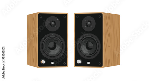 A pair of light brown wooden bookshelf speakers with black front panels and control knobs are angled on a white background.