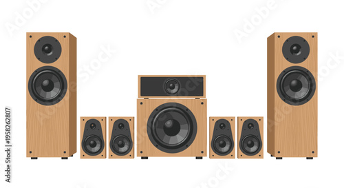 A complete home theater speaker system with eight light wood speakers is arranged symmetrically on a white background.