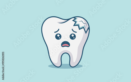 A sad cracked tooth mascot with an upset facial expression depicted as a cute vector character representing dental problems, cavity pain, trauma, oral health issues, medical injury, and fragile enamel