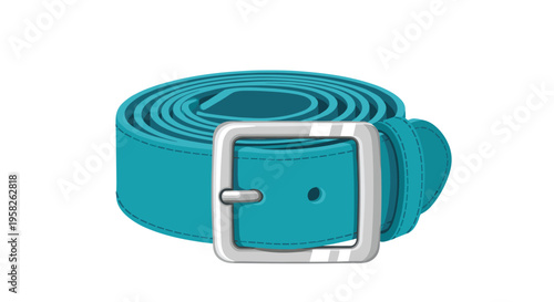 A vibrant teal fabric belt is neatly coiled with a rectangular silver buckle on a plain white background.