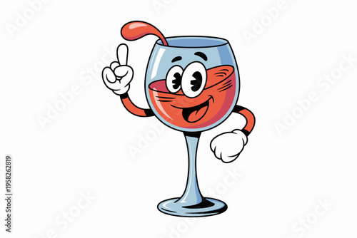 Cartoon wine glass character with a cheerful face and gloved hands gesturing a point, red liquid splashing in a fun beverage mascot illustration for restaurant menus, nightlife branding and party post