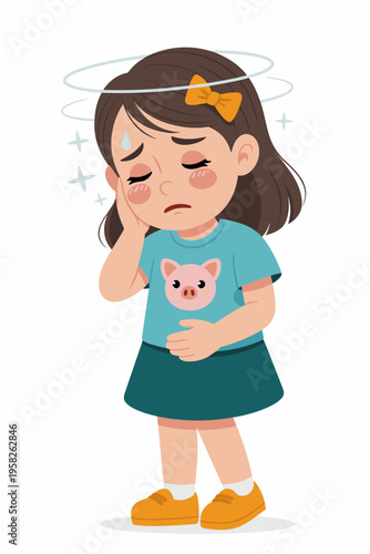 Sad little girl feeling dizzy and unwell holding her head with a stomachache graphic illustration depicting childhood sickness common health issues medical symptoms physical discomfort isolated on bac