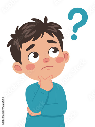 Confused young boy with dark brown hair looking up while holding chin in thought with large blue question mark floating near head illustrating curiosity, deep contemplation, problem solving, and learn
