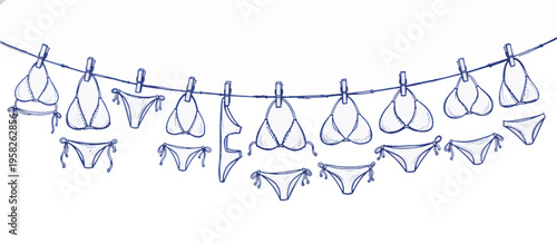 Bikinis hanging on a clothesline with clothespins. Hand drawn line art vector illustration. Summer swimwear laundry concept isolated on transparent background