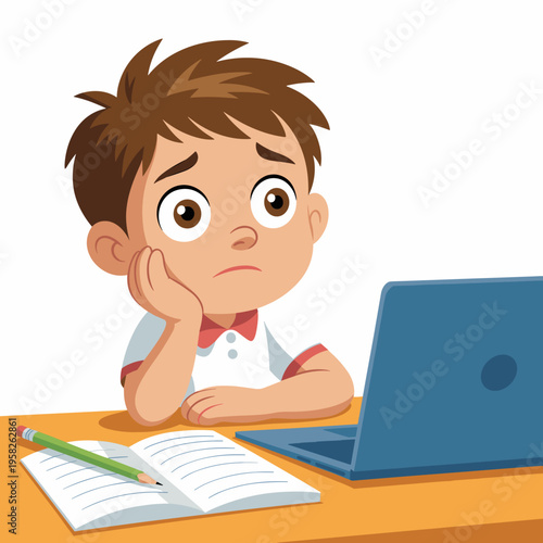 A frustrated young boy sitting at a desk feeling overwhelmed while looking at his laptop screen for online virtual learning classes with an open notebook and pencil representing student academic strug
