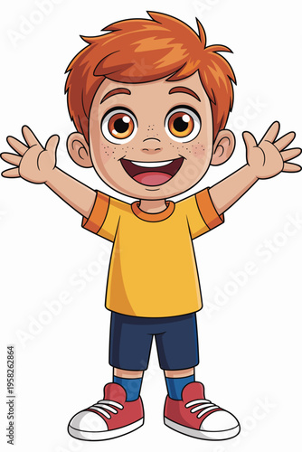 Happy red haired boy with freckles standing with arms wide open in cheerful pose isolated on white background digital illustration representing childhood joy energy youth fun education kids school des