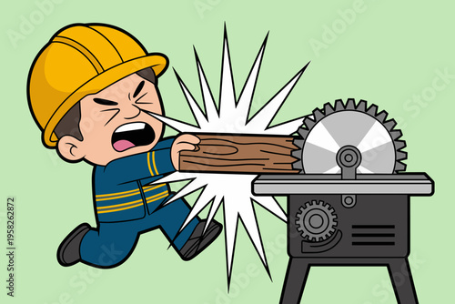 Cartoon construction worker character suffering a dangerous industrial workplace accident using a circular table saw machine, depicting occupational safety hazards, risk management, trauma, and alert 