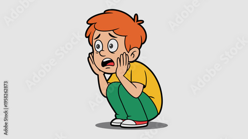 A young redheaded boy crouching in fear with hands on cheeks, showing a frightened expression of shock or anxiety, illustrating mental stress, childhood trauma, worry, panic, or social phobia in flat 