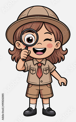Cute little explorer girl in scout uniform holding magnifying glass winking with happy expression isolated on white background digital illustration vector art for kids education research discovery adv