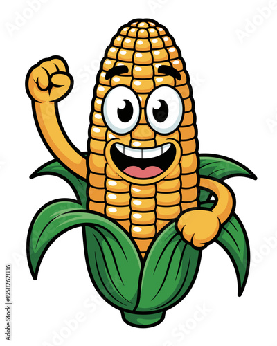 Happy Cartoon Corn Character Holding Fist Up In Victory Gesture Mascot Illustration Isolated On White Background Celebrating Healthy Organic Eating Success Fresh Sweet Yellow Maize Vegetable Mascot De
