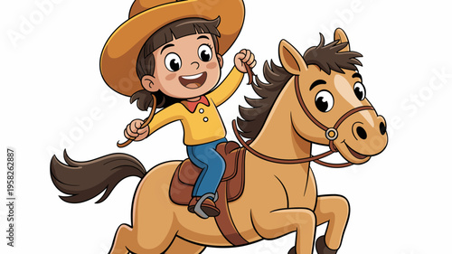 Happy girl child wearing a wide brim cowboy hat riding a friendly brown pony horse character cartoon vector illustration depicting western ranch life fun equestrian activities childhood adventure spor