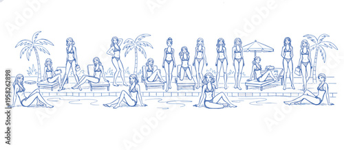 Women in bikinis relaxing by the swimming pool. Hand drawn line art vector illustration. Summer resort vacation concept isolated on transparent background