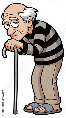 Sad old man relying on a walking cane in cartoon style isolated illustration representing elderly weakness, retirement struggle, senior health care, aging loneliness, pension issues and vulnerable gra