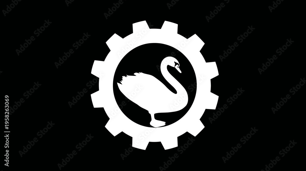 Obraz premium A white swan inside of a gear on a black background. Minimalist design. Modern concept