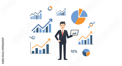 A smiling businessman in a suit is holding a tablet with a chart, surrounded by various floating financial graphs and charts against a white background.