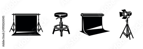 Black and white silhouette vector of photography studio equipment including backdrops and lighting