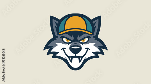 Cartoon wolf head mascot wearing a baseball cap emblem design for sports team, aggressive forest animal character isolated on white, cool canine creature avatar for gaming esports, vector graphic styl