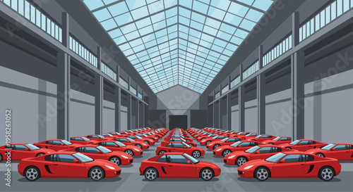 Many identical red sports cars are neatly arranged in rows inside a large, modern industrial building with a glass roof.