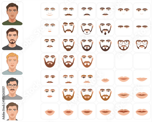 Male facial features construction kit for character avatars including diverse hair styles facial hair beards mustaches glasses and lips isolated on white background for graphic design and personality 