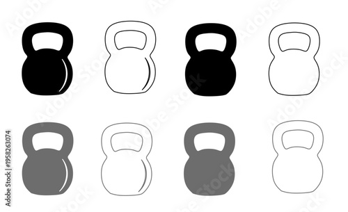 Set of kettlebell icons in various styles including solid black flat outline and grey versions for fitness and gym design