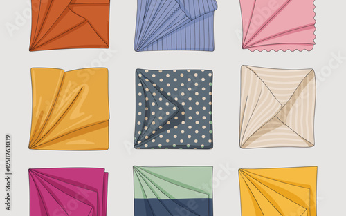 Set of colorful folded pocket squares displayed as a grid pattern collection for men formal fashion accessories and stylish suit decoration elements in vector digital graphic style for artistic textil