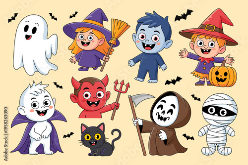 Fun collection of cute Halloween characters featuring a friendly ghost, young witch with broom, vampire, kid in costume with pumpkin, red imp, spooky reaper, and white mummy for holiday party decorati