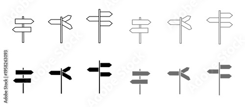 Signposts and directional arrows icons in outline and flat solid style for navigation travel and wayfinding design