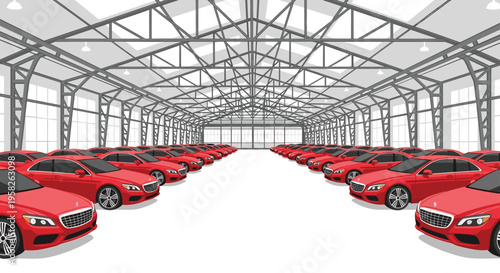 Numerous identical red luxury sedans are parked in neat rows inside a vast, brightly lit industrial warehouse with a steel truss roof.