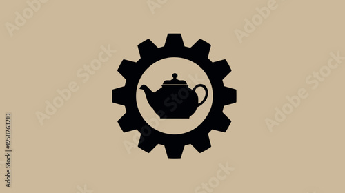A black teapot silhouette within a gear graphic on a beige background