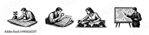 Vintage style black and white vector illustrations of weather forecasting scientists with maps