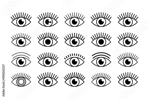 Set of twenty diverse eye icons representing human vision sight and ocular health featuring varied lash styles pupil dilation and lids in a minimalist monochromatic vector graphic design for medical i