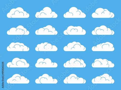 Set of isolated flat vector white clouds icons on a vibrant blue background, simple fluffy cloud silhouettes for weather forecasting apps, sky scrapbooks, creative graphic design elements for digital 