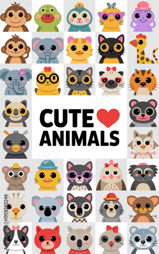 A vibrant collection of cute animals illustrated with a friendly flat graphic design style featuring diverse woodland creatures and pets perfect for children books nursery decor educational games prin