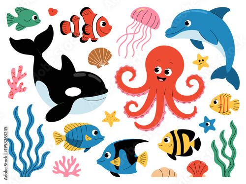 Cute cartoon sea creatures collection set featuring a whale orca dolphin octopus jellyfish exotic tropical fish coral shells sea life marine animals vector illustration for kids nursery decor wallpape