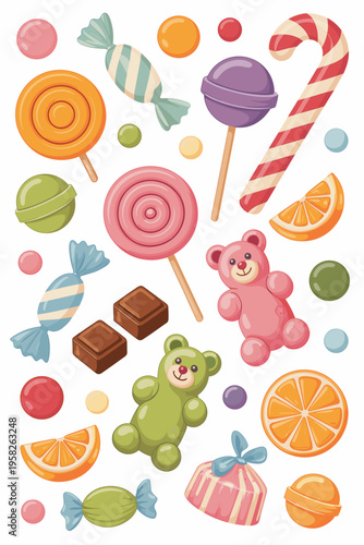 Vibrant assortment of delicious colorful candies flat lay pattern featuring sweet gummy bears lollipops chocolate squares and orange slices isolated on white background for festive birthday celebratio