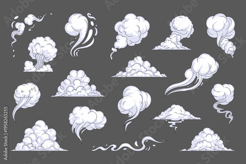 Cartoon smoke and steam cloud vector collection featuring diverse billowing explosion puffs, wavy vapor trails, fluffy atmospheric mist, and stylized weather effects for dynamic comic book motion desi