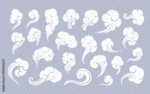Cartoon smoke clouds set for motion design and animation projects featuring diverse white steam trails dust puffs and gaseous explosion vapor icons in flat vector illustration style for comic effects 