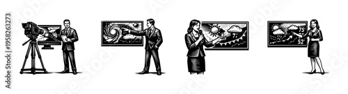 Black and white vector silhouette of weather forecasters with charts and camera