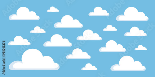 Set of cute cartoon clouds isolated on a bright blue sky background for flat design illustration projects or summer weather concepts, featuring puffy white fluffy cumulus shapes as decorative vector i