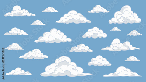 Set of diverse vector clouds isolated on blue background representing fluffy cumulus formations for atmospheric weather design projects web banners sky illustrations and creative graphic interface pro