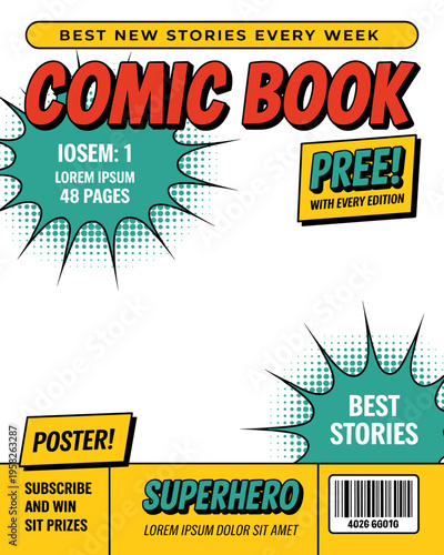 Comic book cover template with retro pop art style featuring bold typography and halftone graphics for creative storytelling projects and editorial layouts with blank space for illustrations and hero 