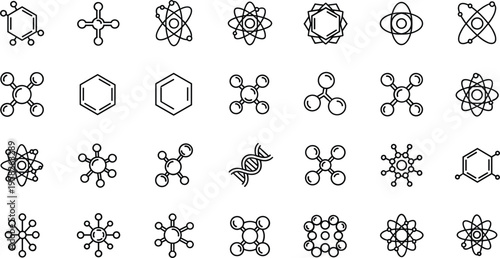 Atomic and Molecular Structure Line Icon Set with Atoms, Chemical Bonds, Benzene Rings, and DNA Symbols Vector Collection