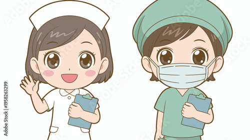 Two smiling cartoon medical professionals medical staff nurse and masked surgeon holding clipboards standing together in hospital setting for healthcare clinic wellness service illustration for patien